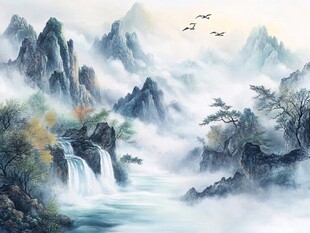 手绘风景画烟雾山水画