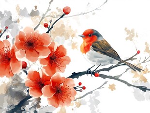新中式手绘红色花鸟