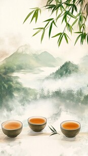 山水画茶树茶杯茶园