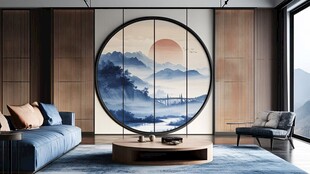 圆山水框画硬包背景