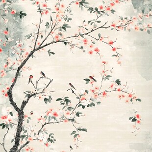 新中式手绘红色花鸟