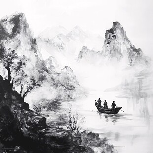 水墨山水船