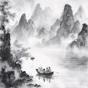轻舟已过万重山水墨画