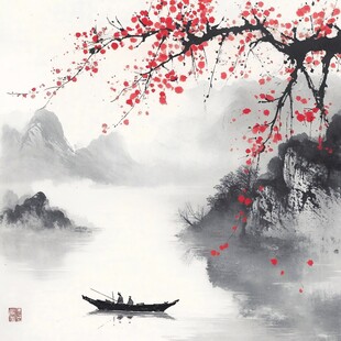 红色小舟水墨画