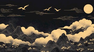 仙鹤云纹山水插画