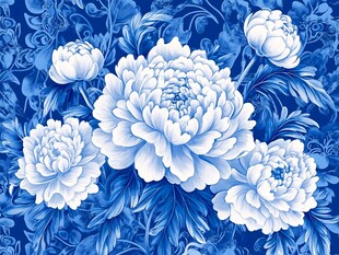 蓝色唯美牡丹装饰画