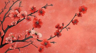 工笔手绘红墙梅花