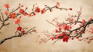 工笔手绘红墙梅花