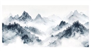手绘蓝色山水画