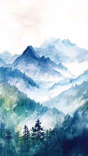 水彩画山峰群山远山