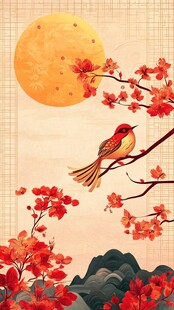 红叶古风古典花鸟