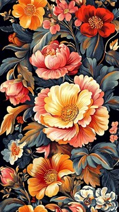 复古风黑底大花朵图案