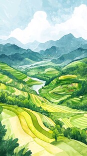 水稻梯田插画