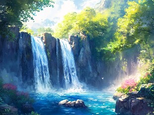 山水风景油画瀑布