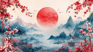 红日出东方意境中式画