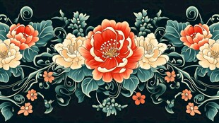 传统印花设计黑底花朵