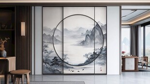 圆山水框画硬包背景