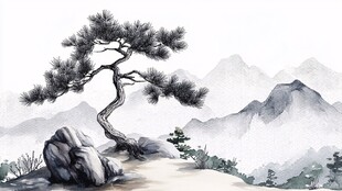 手绘古风松树山水插画