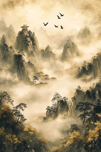 淡雅金色烟雾山水