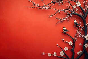 工笔手绘红墙梅花