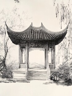 亭台楼阁炭笔画