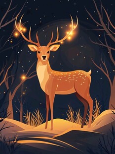 森林梅花鹿石头夜景