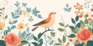 手绘植物鸟简洁插画