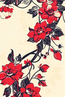 新中式手绘红色花鸟