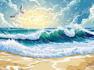 手绘海浪旭日东升