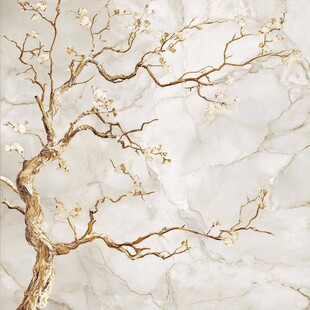 淡雅金色树形墙绘