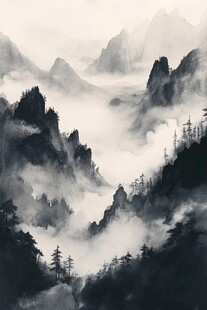 墨韵禅意山峰云雾风景