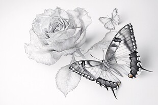 月季粉蝶图插画