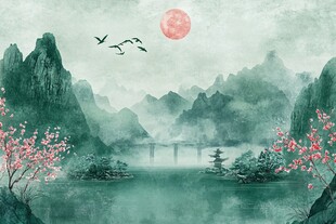 古典古风青绿山水背景