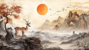 麋鹿山水画
