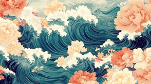 浪花纹理工笔重彩风格