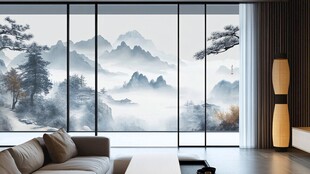 中式山川意境墙纸窗帘