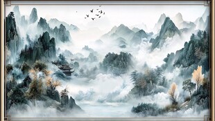 新中式山水描金楼阁画