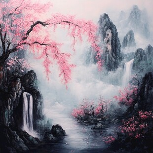 桃花风景油画