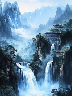 山水风景油画瀑布