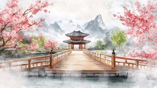 亭台楼阁意境插画