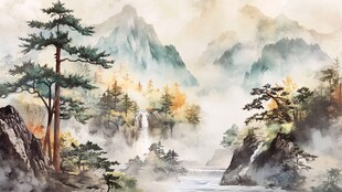 山水风光禅意水彩画