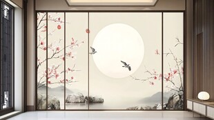 新中式梅花花鸟画墙