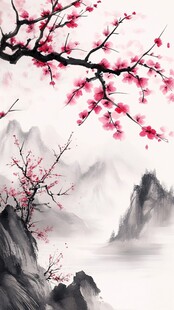 水墨桃花禅意山水