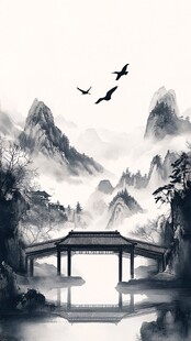 仙鹤楼阁古风山水画