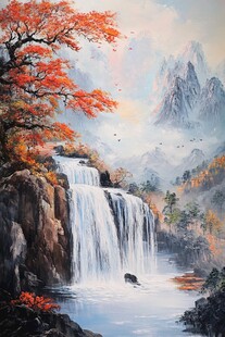山水风景油画瀑布