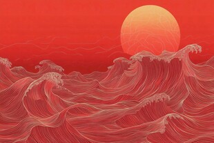 手绘海浪旭日东升