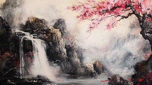 桃花风景油画