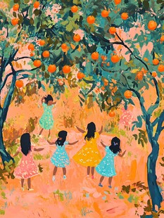 小女孩摘苹果插画