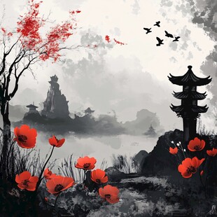 楼阁山水意境画