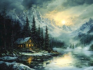 手绘雪夜风景无框画